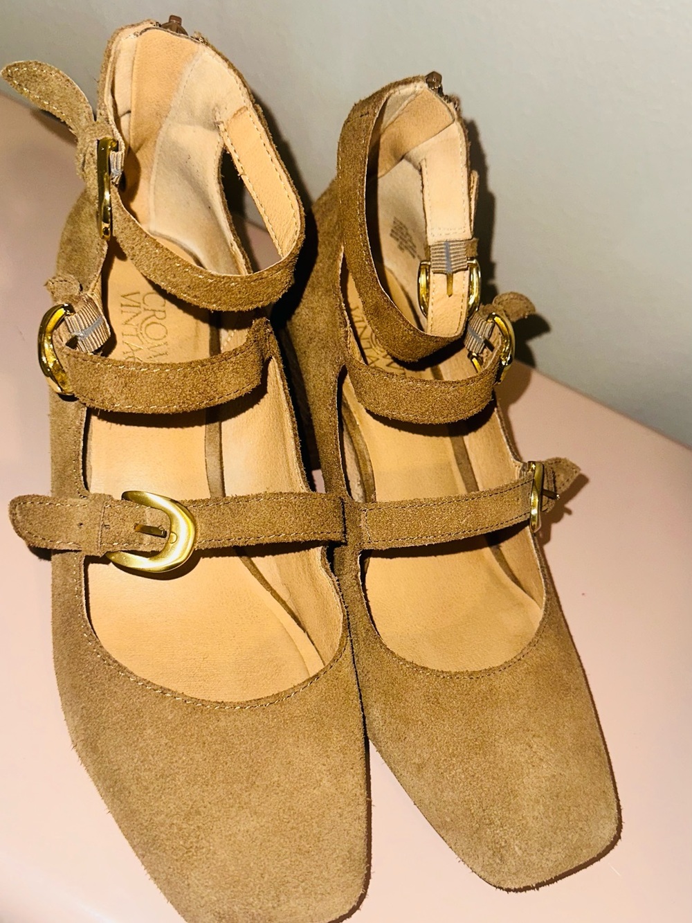 Crown Vintage Tan Suede Triple-Strap Mary Jane Heels